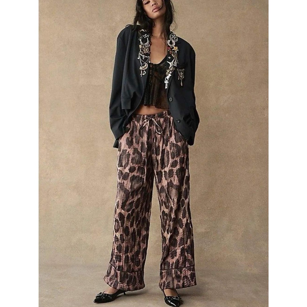 Free People Women Leopard Print Wide Leg Pants M Brown Boho Pajama Style